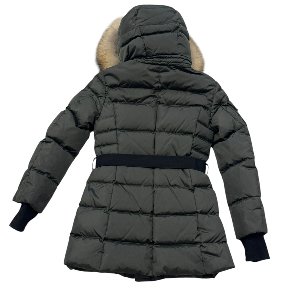 SAM.***Long Olive Green Belt Puffer Jacket Hooded w/Fur Trim***Size 10 $495 EUC - Picture 5 of 9